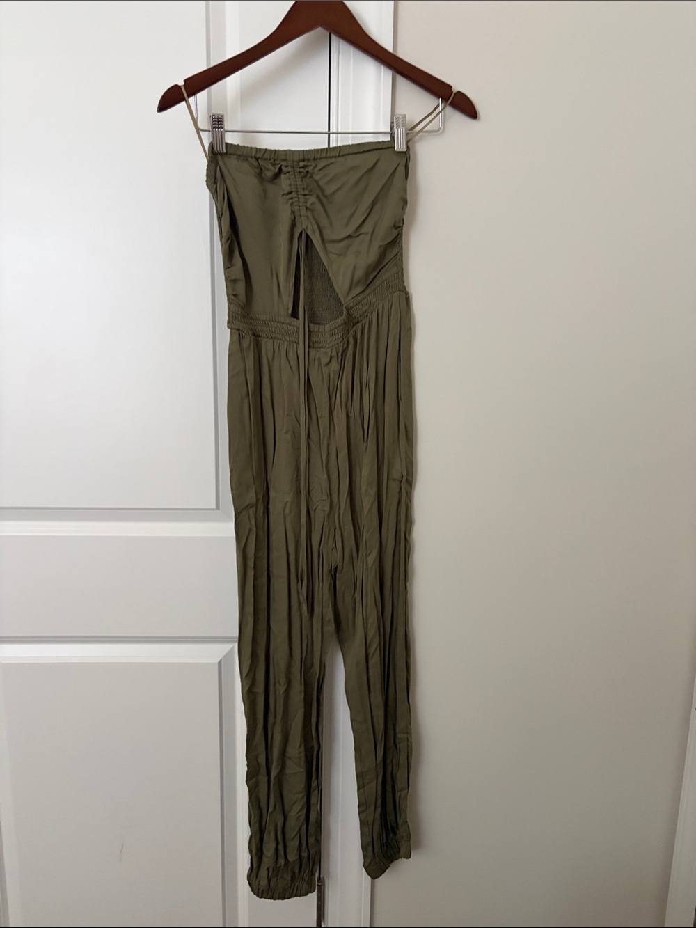 Vici Olive Strapless Smocked-Waist Jumpsuit